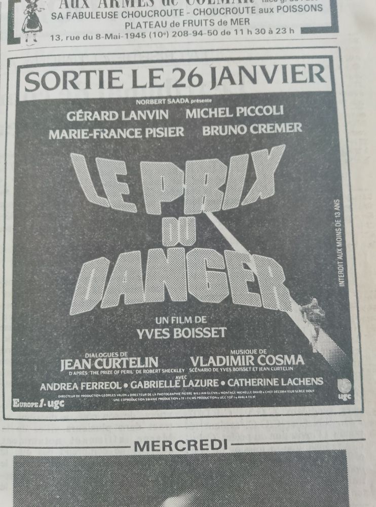 Publicité d'époque pour Le Prix du Danger d'Yves Boisset