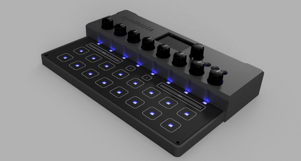 CAD render of the PCB and 3d-printed case for the synthiota synthDIY project I’m working on. The PCB has 24 built-in LEDs that are glowing blue, lighting up part of the case that houses the 8 knobs