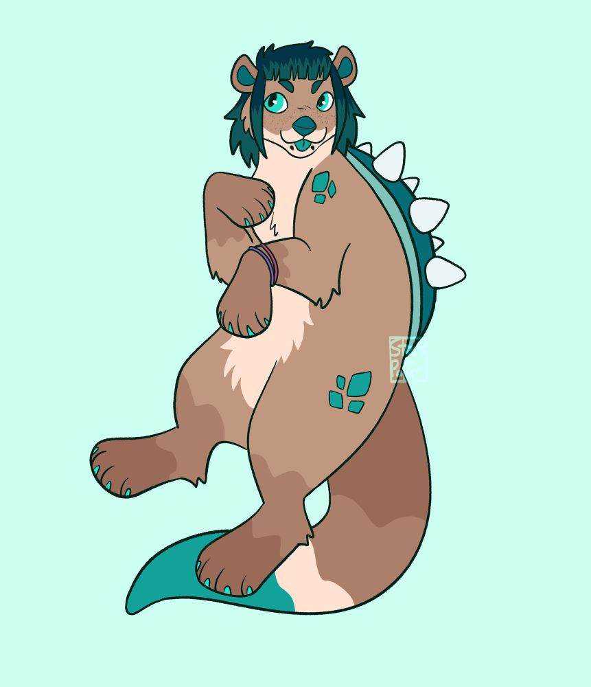 digital drawing of Zoey’s fursona: it’s a sandy brown otter with a spiky seafoam green turtle shell, tail tip, eyes, nose, tongue, and scales on her shoulder and hips
she has dark green hair and purple and pink bracelets on her wrist