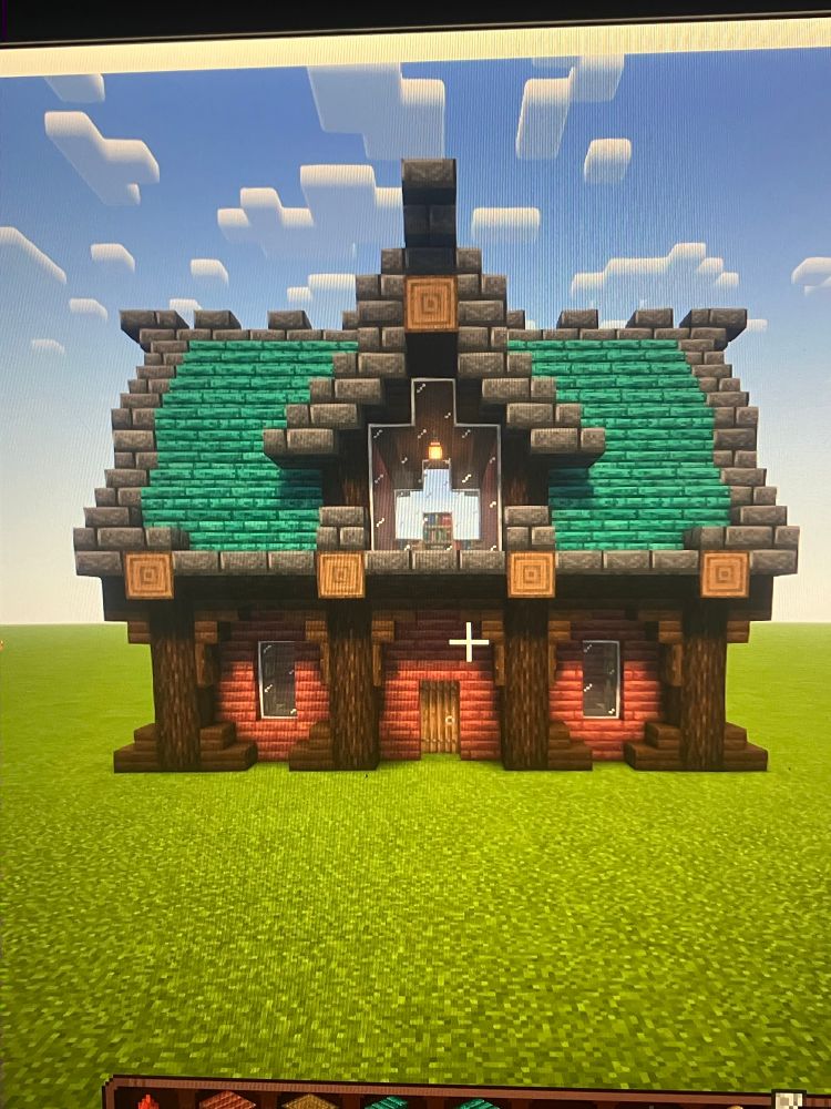 minecraft build of a medieval/fantasy styled library, the base is made of mangrove wood with spruce wood accents, and the roof is made with warped wood with a deepslate trim. it has a large open window on the roof as well.