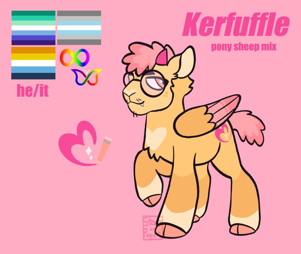 reference sheet of my mlp pony sona. he’s a yellow sheep pegasus mix with light pink mane and tail, and pink horns, he has glasses and stubble. his cutie mark is a pencil drawing a heart. his name is Kerfuffle