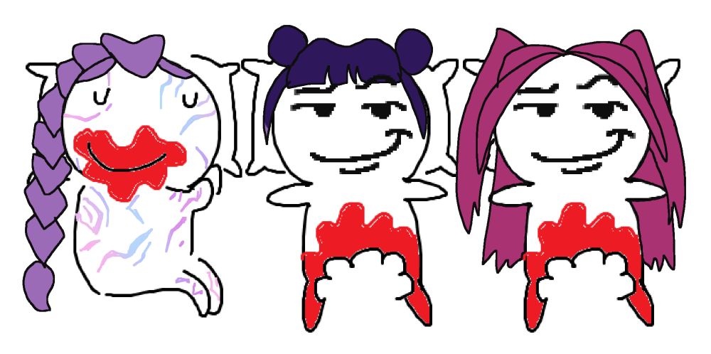 very low quality meme of polytrix, rumi is sleeping on the left with blood on her mouth smiling, zoey and mira are lying next to here with bites taken out of their asses smirking