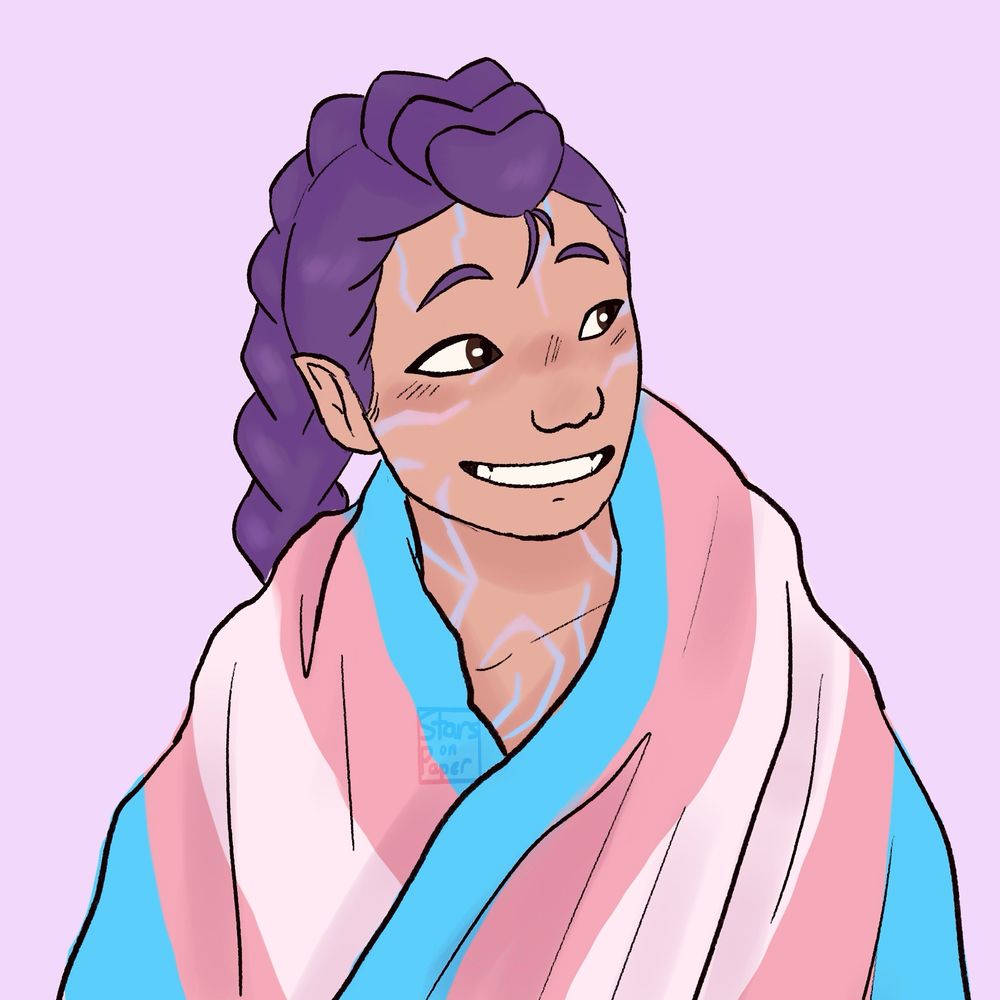 sketchy colored drawing of Rumi from Kpop Demon Hunters with a trans flag wrapped around her