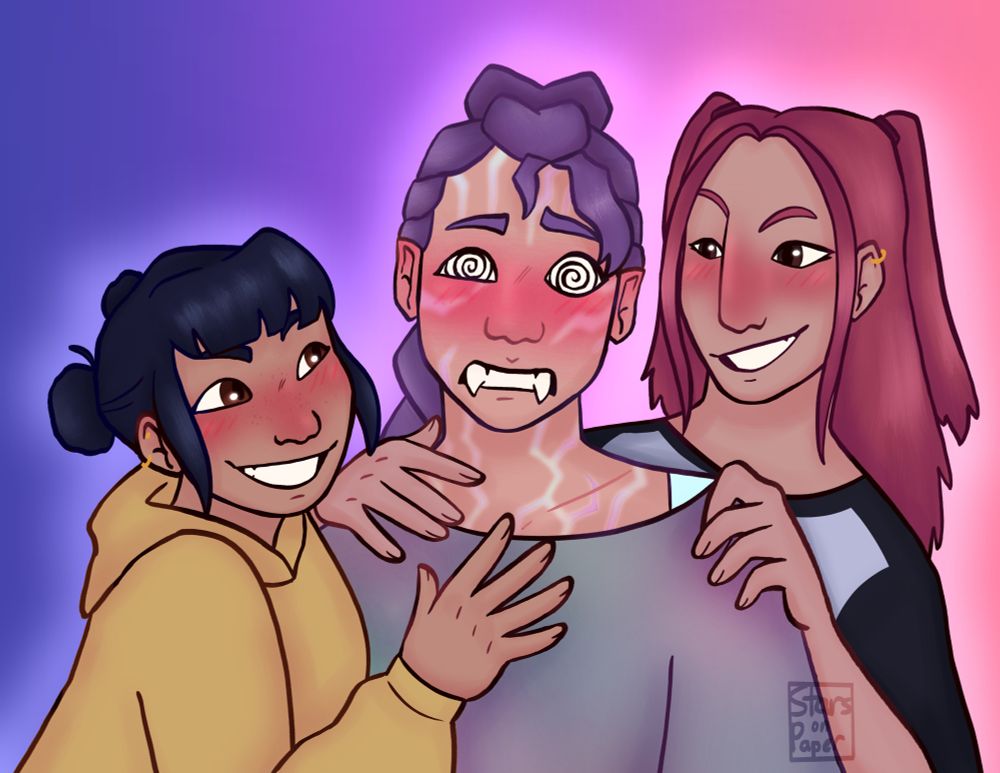 drawing of the ship polytrix from kpop demon hunters. rumi is flustered in the middle of mira and zoey who r grinning and blushing at her with their hands on her shoulders 