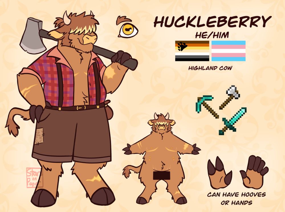a reference sheet of a furry minecraft oc, he’s an anthropomorphic highland cow wearing an open red flannel shirt and brown shorts with suspenders. he has yellow scars and hair covering his eyes. on his right is a smaller drawing of him showing his scar map. to the right of that is a close up of his hands, one an anthro hoof the other a normal hand, reading “can have hooves or hands” above that reads “Huckleberry, he/him, highland cow.” along with the bear pride flag and the trans pride flag. 