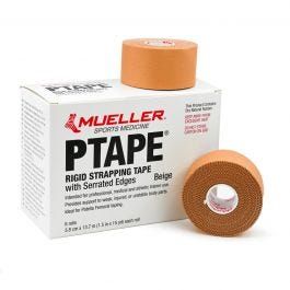 A photo of a box of Mueller brand PTape, a rigid strapping tape used to support weak or injured body parts