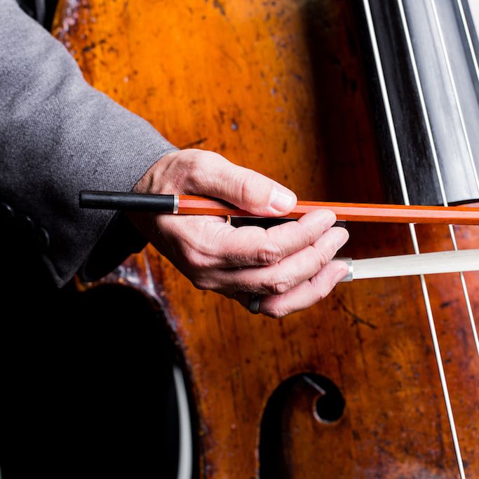 a hand holding a double bass bow in the German style, gripping the frog, in front of a double bass