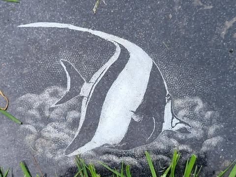 An engraved angel fish on a headstone.