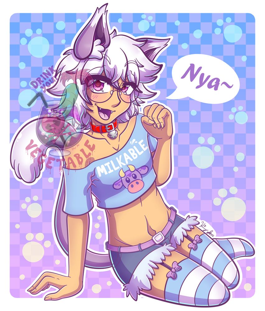drawing for vtuber Rayn_Rayn_Go_Away. A cute cat boy vtuber. A femboy character with white hair and cat ears and a tail, he's wearing blue and white striped socks. Shirt says "milkable"