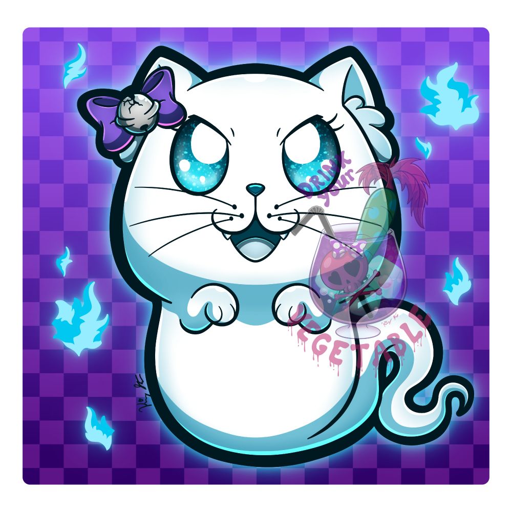 symmetry commission for Razipurr of their oc, a cute ghost kitty. A bow with a bell floats by one ear, blue fire is in the background