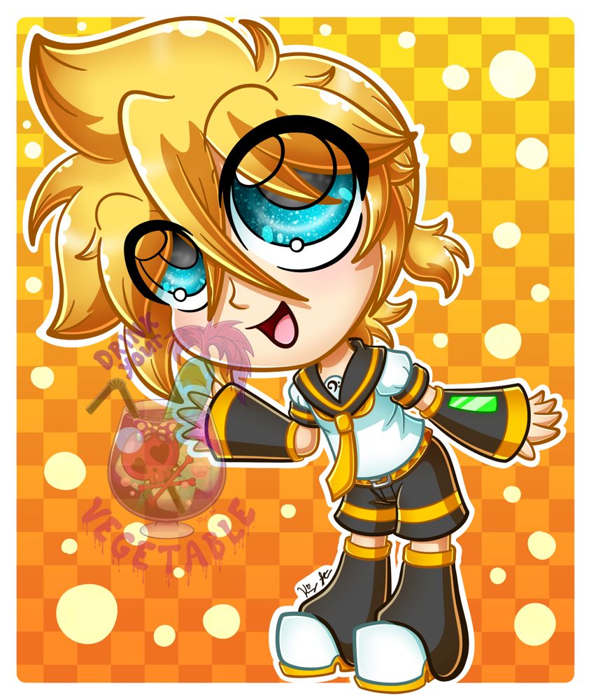 chibi drawing of vocaloid Kagamine Len. He has big sparkly eyes