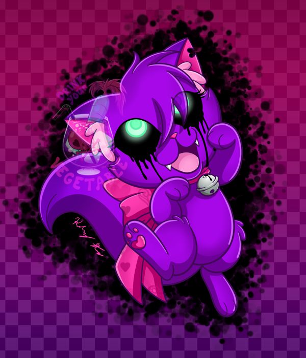 my vtuber mascot, a cute purple cat with black dripping eyes. She has a big pink bow with a bell on it