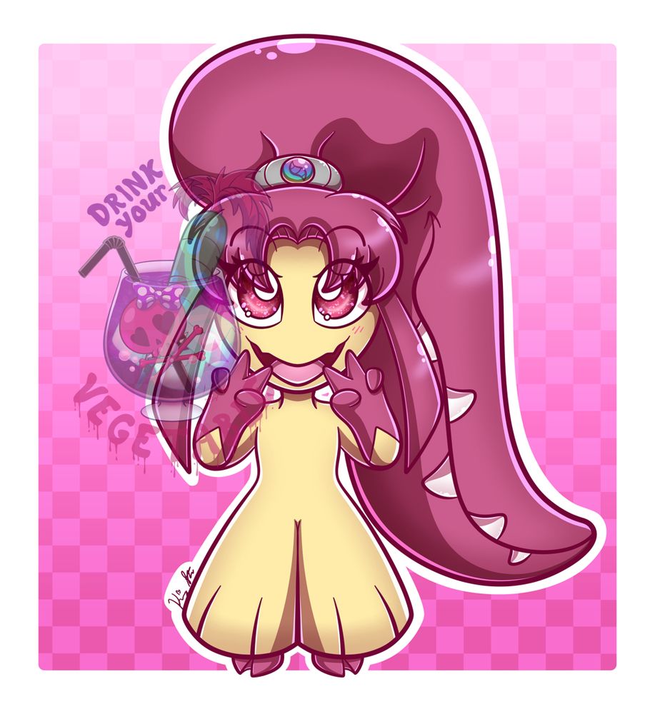 chibi drawing of a shiny mawile oc belonging to FrozenFlake. She is wearing a mega bracelet on her ponytail