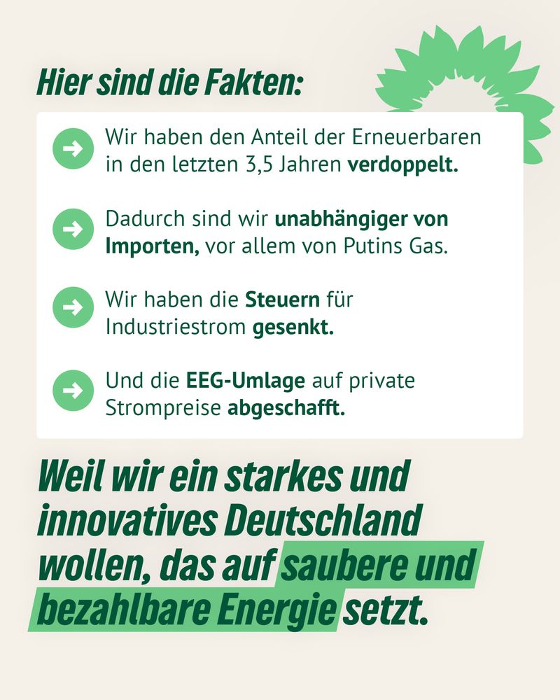 Eine Texttafel mit der Überschrift „Hier sind die Fakten“ listet vier Maßnahmen auf: Verdopplung des Anteils erneuerbarer Energien in 3,5 Jahren, geringere Abhängigkeit von Importen, Senkung der Steuern für Industriestrom und Abschaffung der EEG-Umlage. Darunter ein grüner Textblock mit der Botschaft, dass Deutschland auf saubere und bezahlbare Energie setzt.