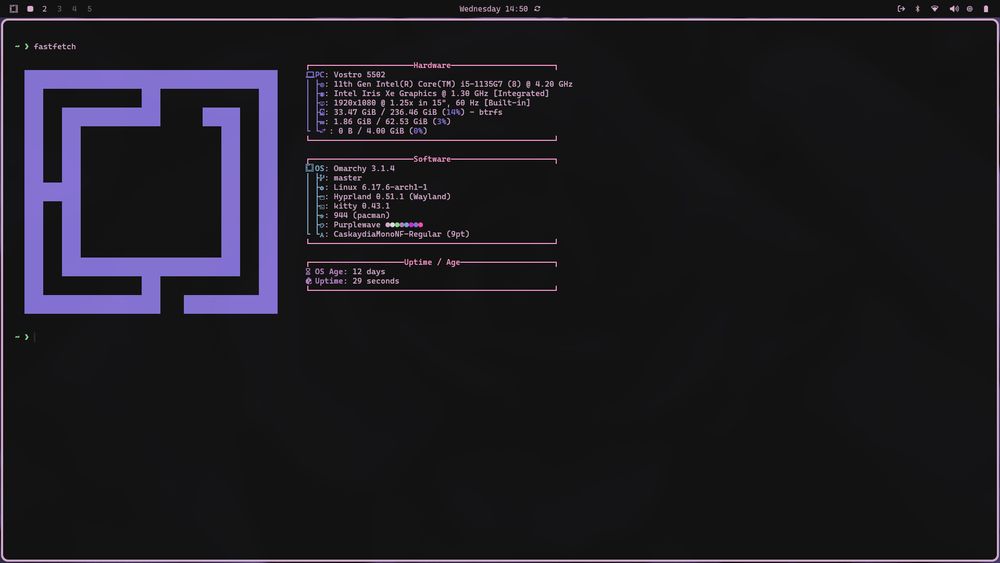 fastfetch specs of my laptop that I bought from a store's bankruptcy sale:

 ┌──────────────────────Hardware──────────────────────┐
 PC: Vostro 5502
 CPU: 11th Gen Intel(R) Core(TM) i5-1135G7 (8) @ 4.20 GHz
 GPU: Intel Iris Xe Graphics @ 1.30 GHz [Integrated]
 Monitor: 1920x1080 @ 1.25x in 15", 60 Hz [Built-in]
 SDD#1: 33.47 GiB / 236.46 GiB (14%) - btrfs
 RAM: 1.86 GiB / 62.53 GiB (3%)
 SDD#2: 0 B / 4.00 GiB (0%)