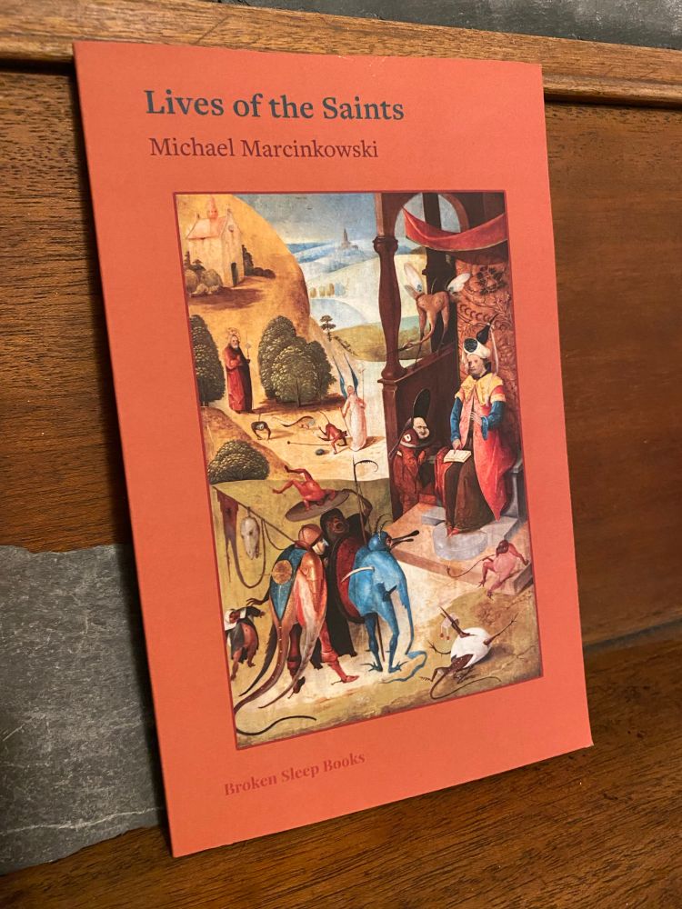 A picture of the book Lives of the Saints by Michael Marcinkowski sitting upright against a wooden background and pieces of slate. It has an orange cover with an image from a disciple of Hieronymus Bosch showing grotesque creatures facing a figure in a chair with a book on his lap with other figures smaller in the background. 
