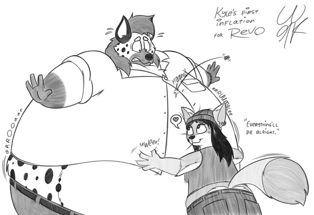 Kyle, a hyena, is visibly panicking as he swells up. His girlfriend, a grey fox named Aria, is soothing him by hugging his gradually ballooning body.