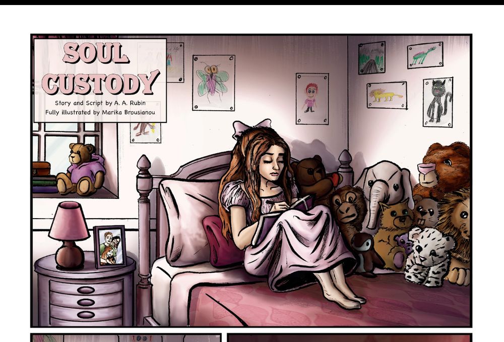 A young girl on a bed filled with stuffies, writing in a diary. 

Text: Soul Custody

Art by Marika Brousianou 