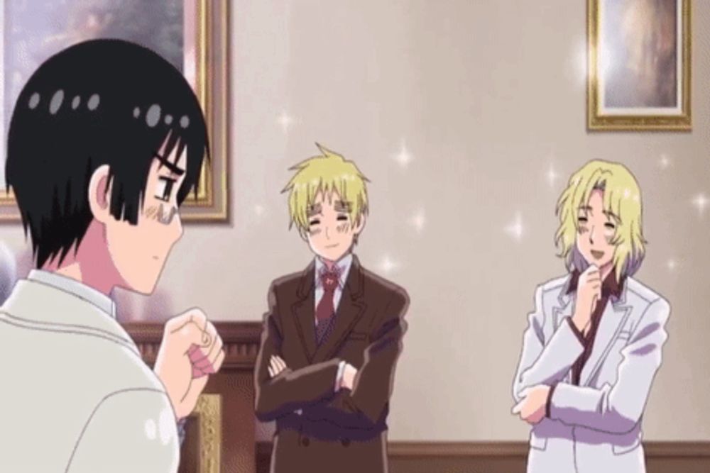 three anime characters are standing in a room with a painting on the wall behind them