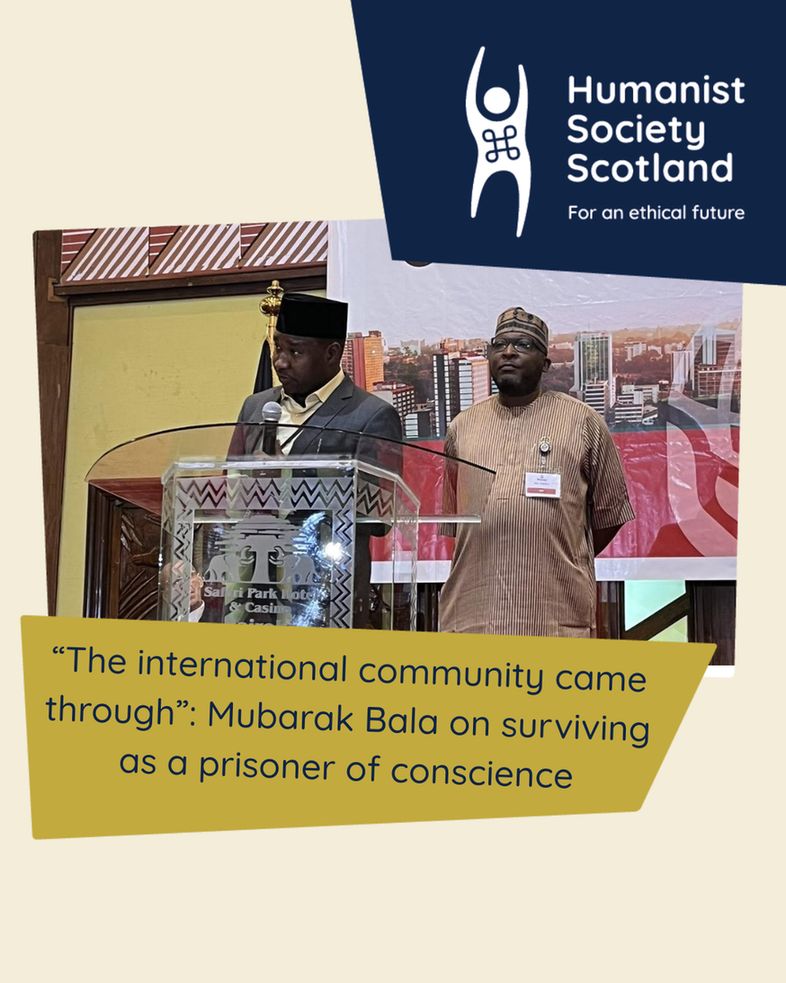 HSS Frame Graphic around a picture of Mubarak Bala. Mubarak speaks at a stage in a suit and fez, infront of another delegate and a banner reading IRF Summit Africa. 