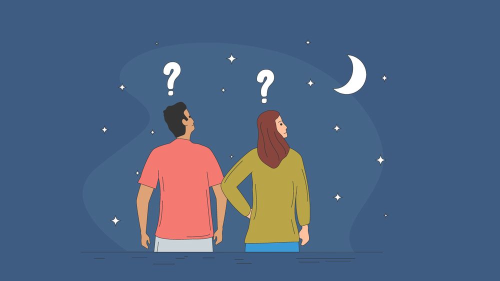 Graphic showing two people looking at the night sky with question marks above their heads