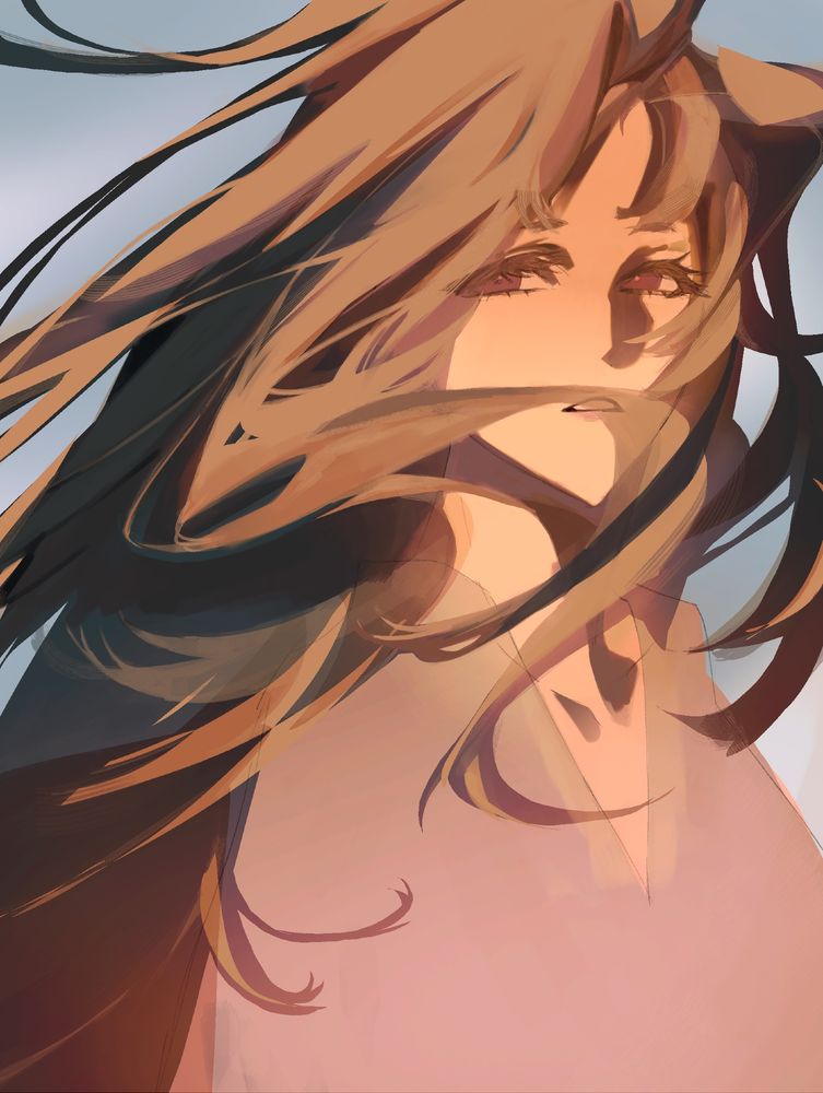 A girl with brown hair and hime cut swirling in autumn breeze. Look at the camera's directions. Gracefully and calming under the blue-grey sky.