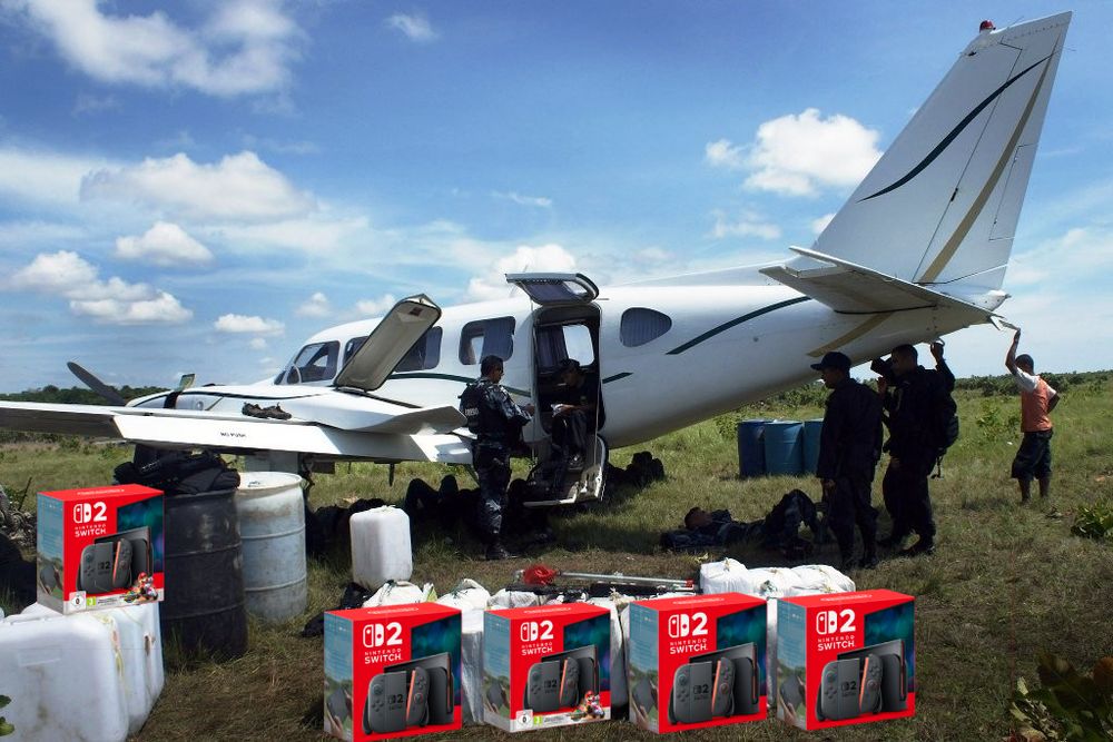 A prop plane with drugs being loaded, except I photoshopping in "Switch 2" boxes.