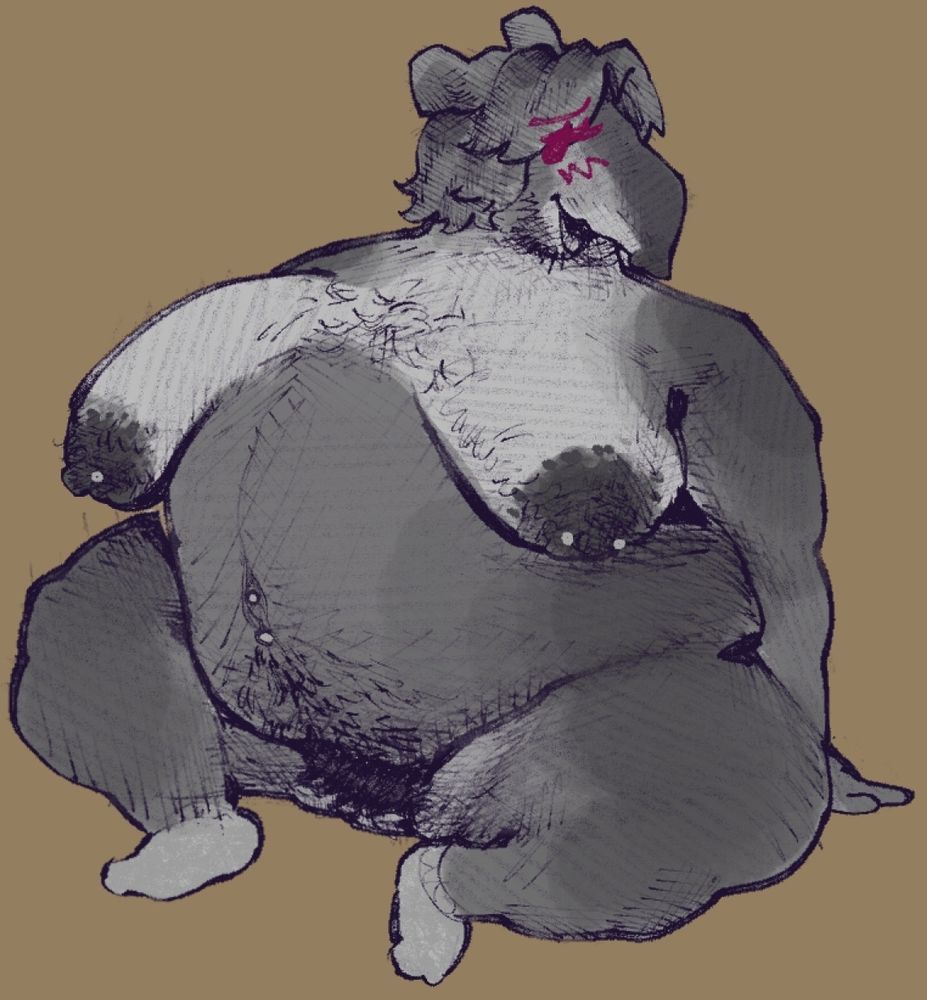 little sketch of my tapir oc, Jordan (she/any atp) with a large pregnant belly, she also has a fre piercings and a pair of socks on