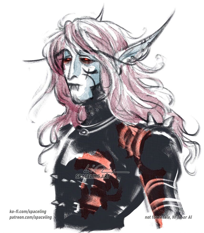 World of warcraft fanart illustration of a vampiric elf. The sketch is meant to be in the style of one of the artist's characters, Araneolus, a nightborne who is illustration a series of novels about a San'layn who hunts monsters in the far future. There is clear inspiration from Vampire Hunter D and the sketch, while digital, is mimicking pencil and watercolour techniques.

Overlaying the image is text that reads "SPACELING.ART," indicating the artist's name, along with links to their Patreon and Ko-fi pages. There is also a note stating "NOT FOR RESALE, NFTs, OR AI," emphasizing the artist's rights regarding the artwork.