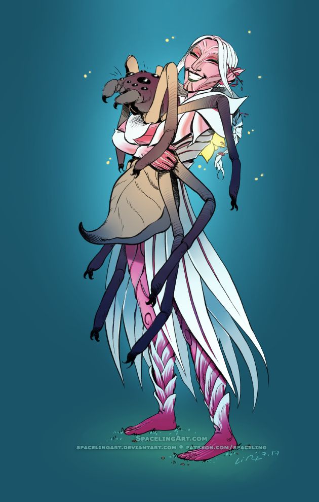Illustration of a sylvari with pink, red, and white petals, smiling and hugging a large spider.