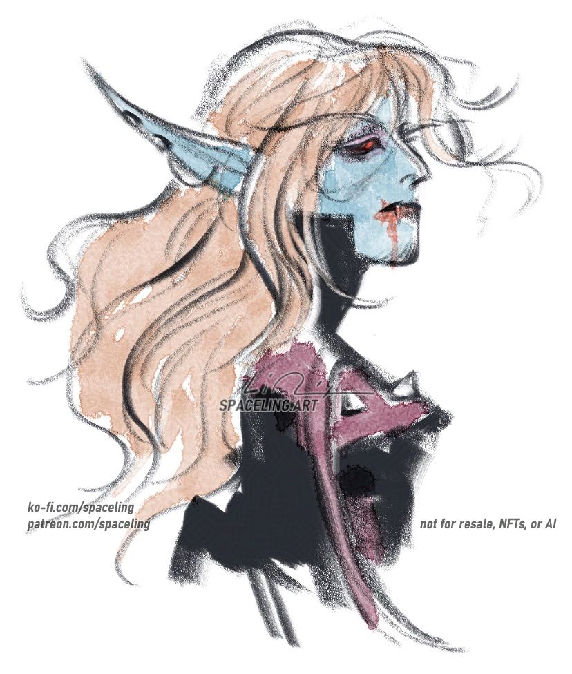 World of warcraft fanart illustration of a vampiric elf. The sketch is meant to be in the style of one of the artist's characters, Araneolus, a nightborne who is illustration a series of novels about a San'layn who hunts monsters in the far future. There is clear inspiration from Vampire Hunter D and the sketch, while digital, is mimicking pencil and watercolour techniques.

Overlaying the image is text that reads "SPACELING.ART," indicating the artist's name, along with links to their Patreon and Ko-fi pages. There is also a note stating "NOT FOR RESALE, NFTs, OR AI," emphasizing the artist's rights regarding the artwork.