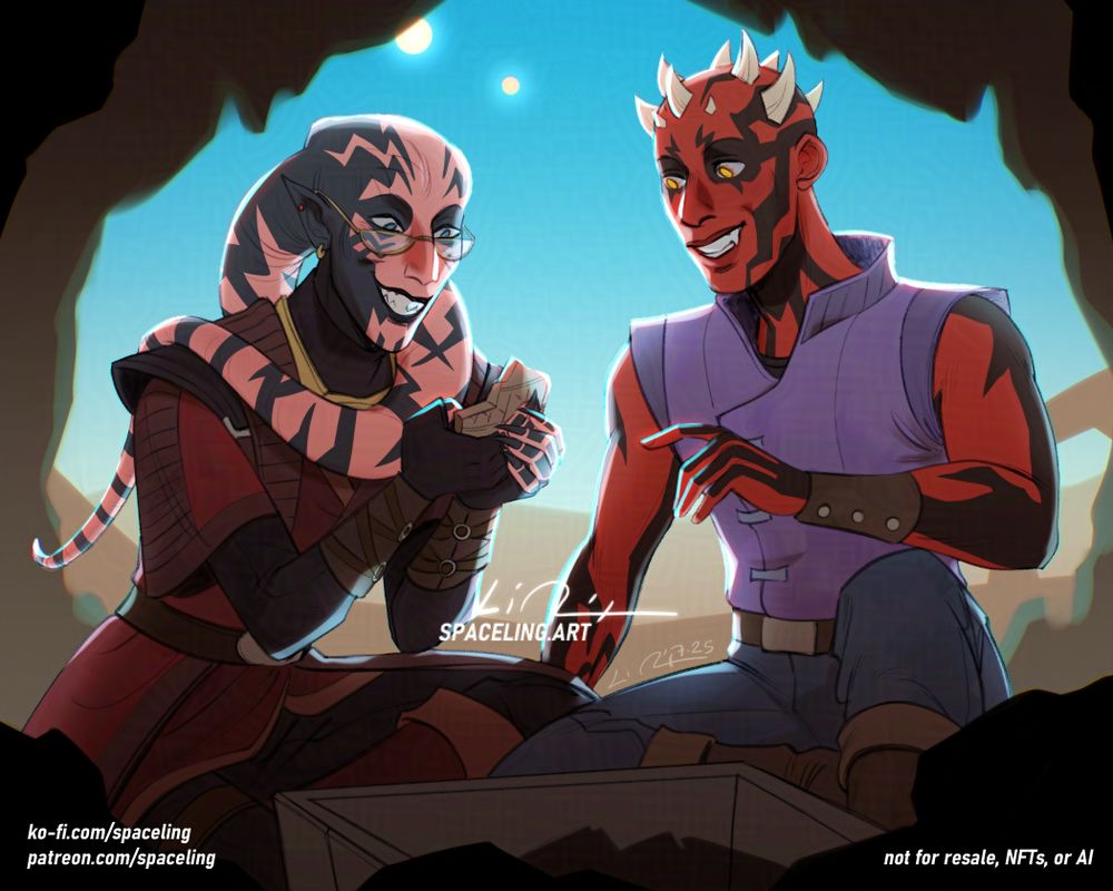 Star Wars fanart illustration of a twi'lek and zabrak, both are heavily tattooed, sitting at the opening of a cave on Tatooine at a dig site. They're excitedly looking at archaeology, a pottery sherd in particular.

Overlaying the image is text that reads "SPACELING.ART," indicating the artist's name, along with links to their Patreon and Ko-fi pages. There is also a note stating "NOT FOR RESALE, NFTs, OR AI," emphasizing the artist's rights regarding the artwork.