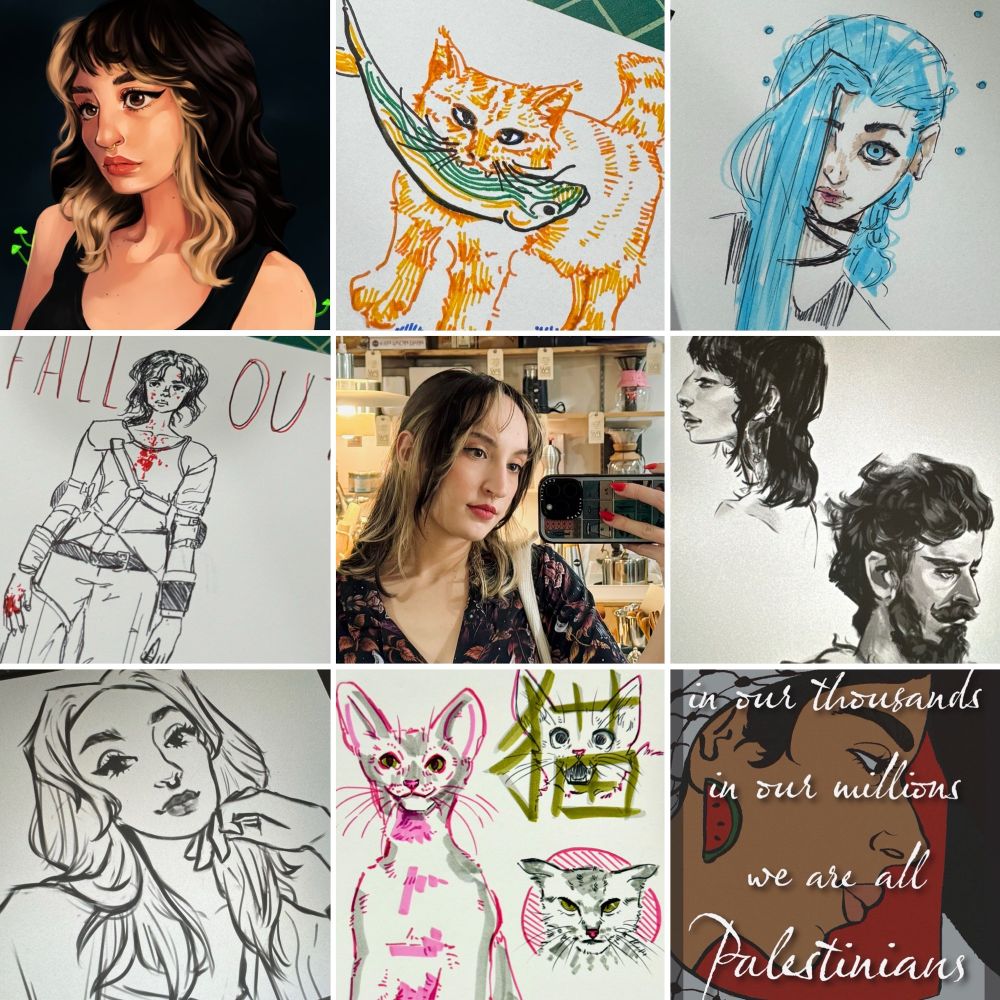 9 squares with various images in one photo which includes my art, sketches, and a mirror selfie in the center 