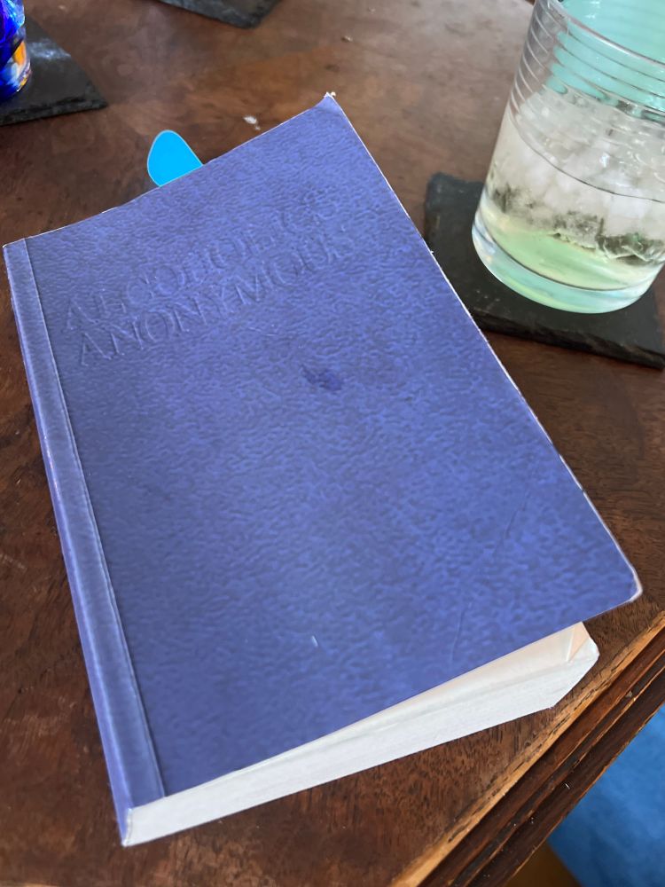 Alcoholic’s Anonymous book on cafe table beside a dewy glass of Pinot Grigio. Dewy bottle of Rose wine is out of the frame 