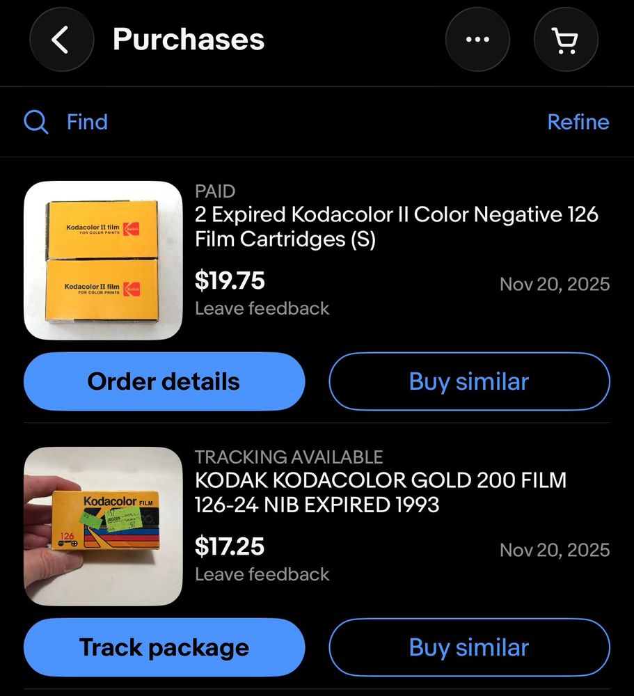 Screen shot of eBay purchases of expired 126 film