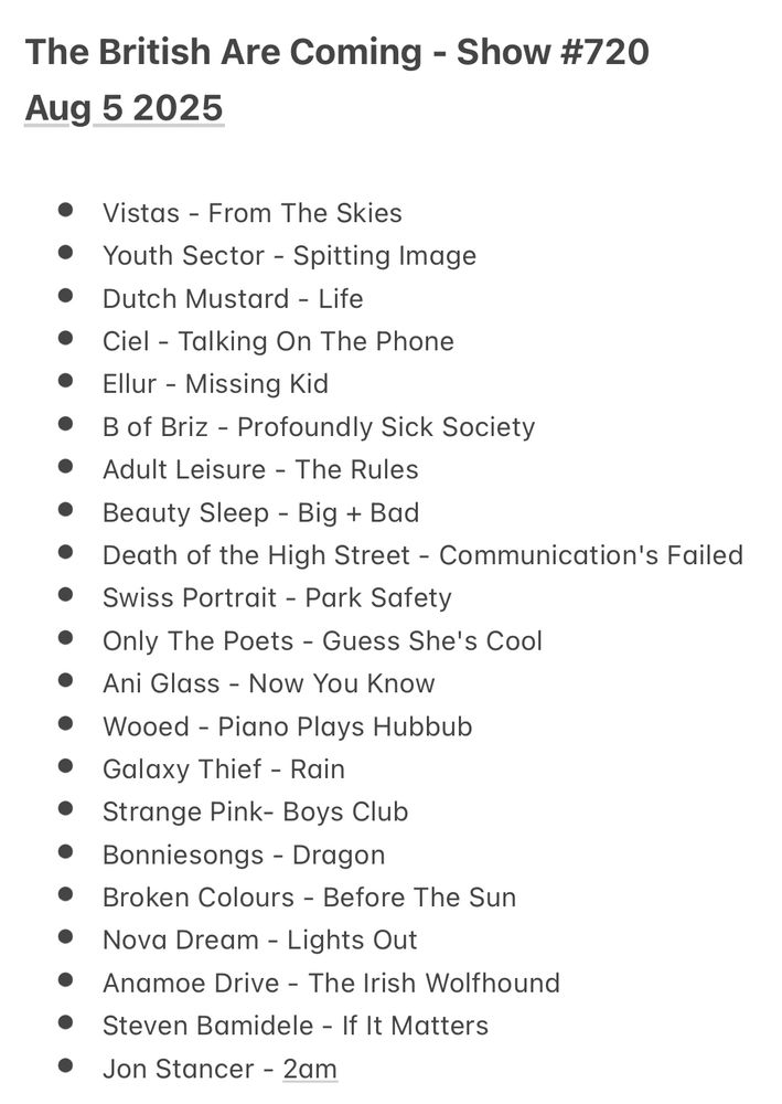 * Vistas - From The Skies
* Youth Sector - Spitting Image
* Dutch Mustard - Life
* Ciel - Talking On The Phone
* Ellur - Missing Kid
* B of Briz - Profoundly Sick Society
* Adult Leisure - The Rules
* Beauty Sleep - Big + Bad
* Death of the High Street - Communication's Failed
* Swiss Portrait - Park Safety
* Only The Poets - Guess She's Cool
* Ani Glass - Now You Know
* Wooed - Piano Plays Hubbub
* Galaxy Thief - Rain
* Strange Pink- Boys Club
* Bonniesongs - Dragon
* Broken Colours - Before The Sun
* Nova Dream - Lights Out  
* Anamoe Drive - The Irish Wolfhound
* Steven Bamidele - If It Matters 
* Jon Stancer - 2am