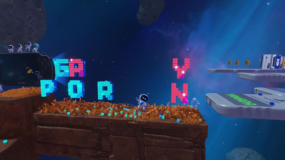 Ein Screenshot von Astro Bot mit dem Text "Gay Porn" im Hintergrund