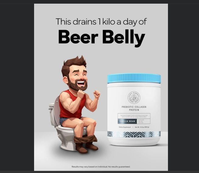 This drains 1 kilo a day of BEER BELLY. There's a little cartoon guy sitting on a toilet looking very stoked to be there.
