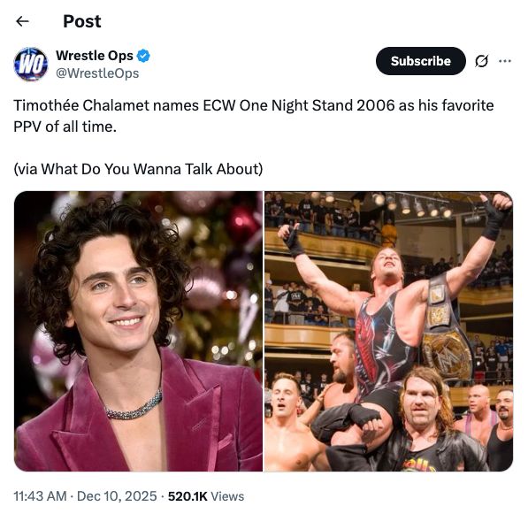 Timmy Chalamet names ECW One Night Stand 2006 as his favorite PPV of all time.