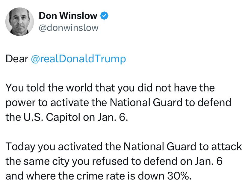 Dear Donald Trump
You told the world you didn’t have the power to activate the National Guard to defend the US Capitol on Jan 6.  Today you activated the National Guard to activate the same city you refused to defend on Jan. 6 and where the crime is rate is down 30%.