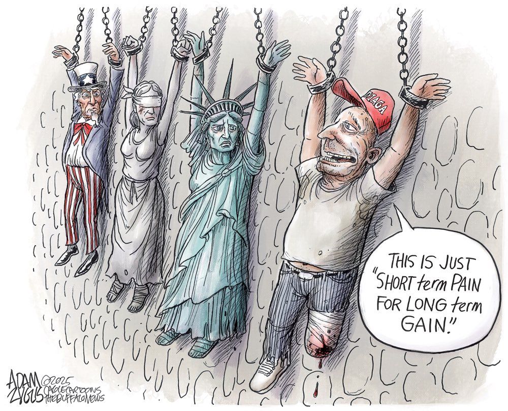 This is just short term pain for long term gain.
Says a cartoon of a MAGA hat wearing man whose leg is freshly amputated.