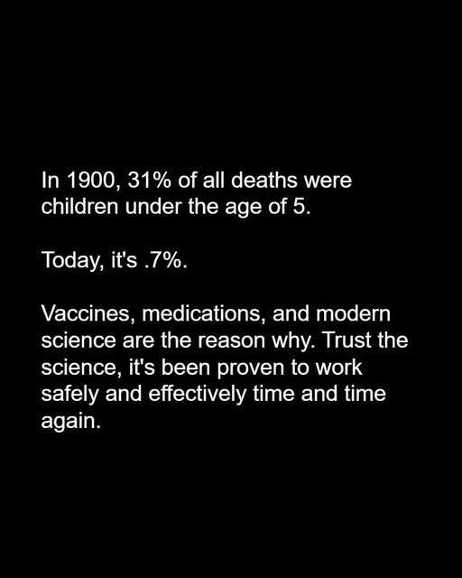 In 1900, 31% of all deaths were children under the age of 5. Today it’s 0.7%. Vaccines, medications, and modern science are the reason why. Trust the science, it’s been proven to work safely and efficiently time and time again. 