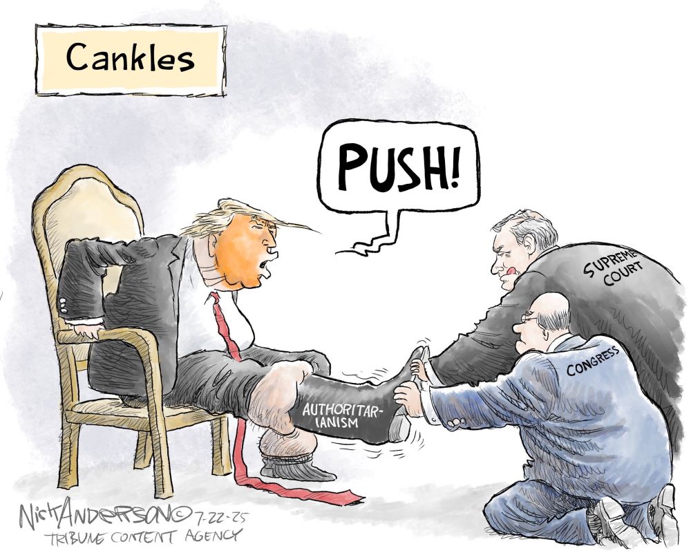 Cartoon-2 men representing Congress and the Supreme Court trying to push a boot “authoritarianism” over Trump’s cankles.