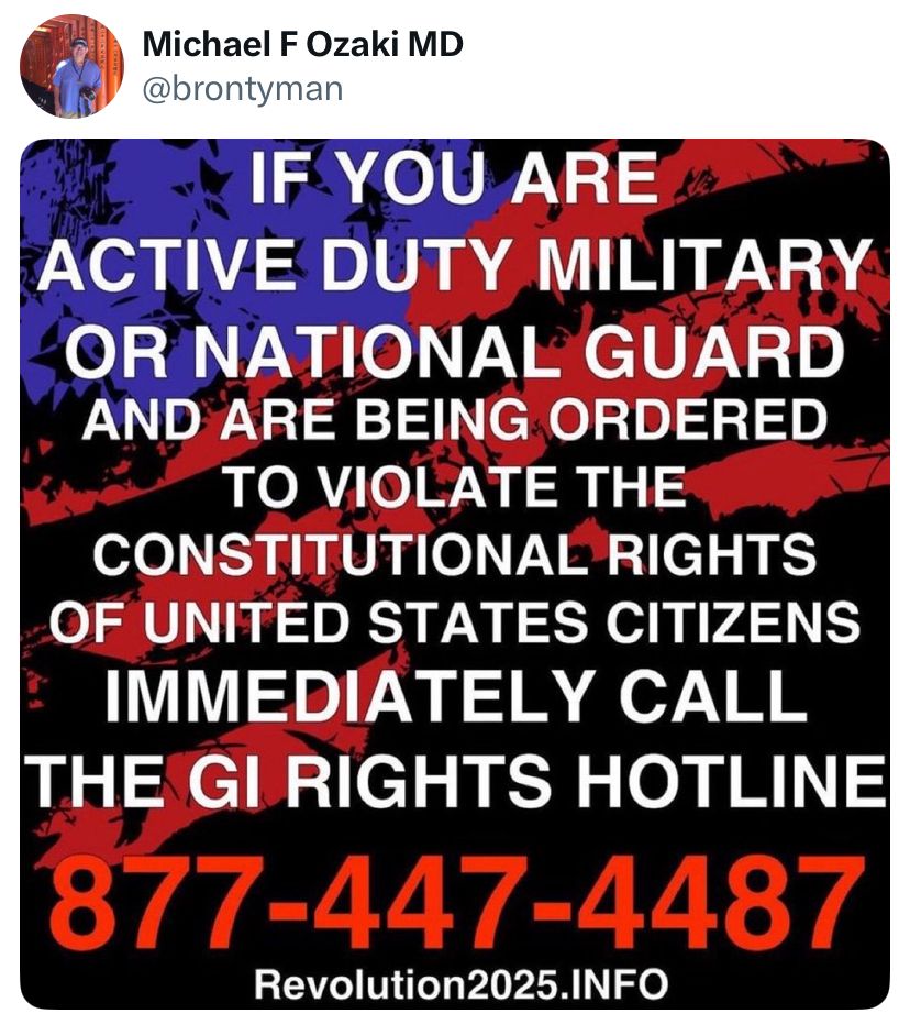 If you are active duty military or national guard and are being ordered to violate the constitutional rights of US citizens call the GI rights hotline at 877-447-4487