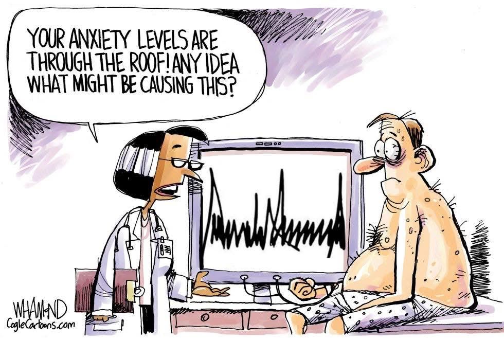 Cartoon-
Physician-Your anxiety levels are through the roof!  Any idea what might be causing this?
Heart rate-Donald Trump’s signature 