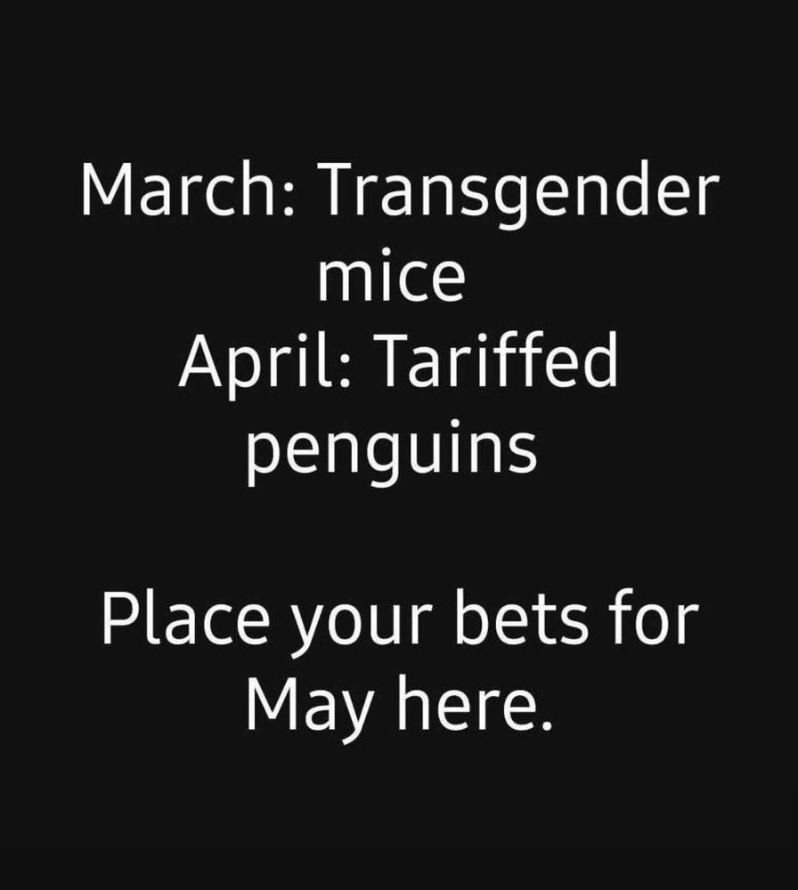 March: Transgender mice April: tariffed penguins Place your bets for May here: