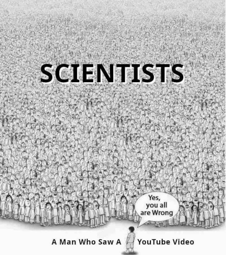 Cartoon:
Group of scientists 
A man who saw a YouTube video-“yes, you all are wrong”