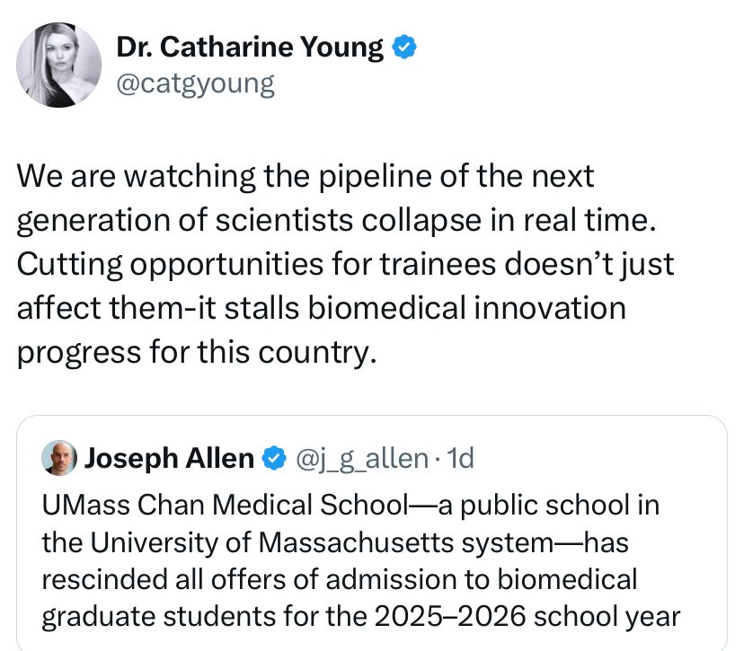 We are watching the pipeline of the next generation of scientists collapse in real time.  Cutting opportunities for trainees doesn’t just affect them—it stalls biomedical progress for this country.
