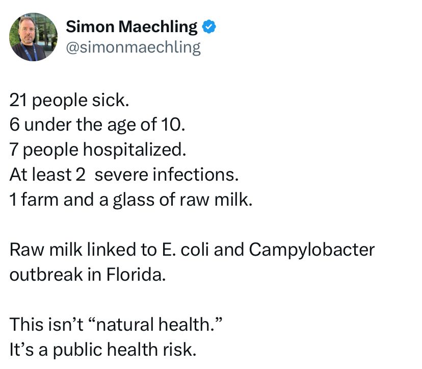 21 people sick. 
6 under age of 10.
7 people hospitalized.
At least 2 severe infections.
1 farm and a glass of raw milk.
Raw milk linked to E. Coli and Campylobacter outbreak in Florida.  This isn’t “natural health.” It’s a public health risk. 