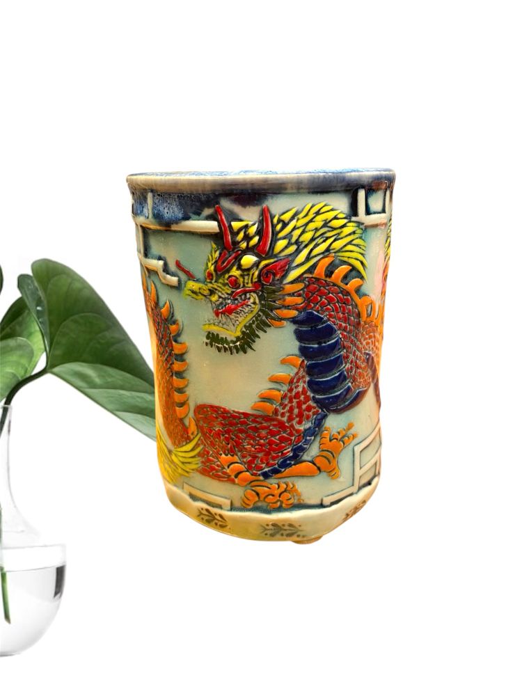 Dragon texture mug. Red, orange and yellow. 